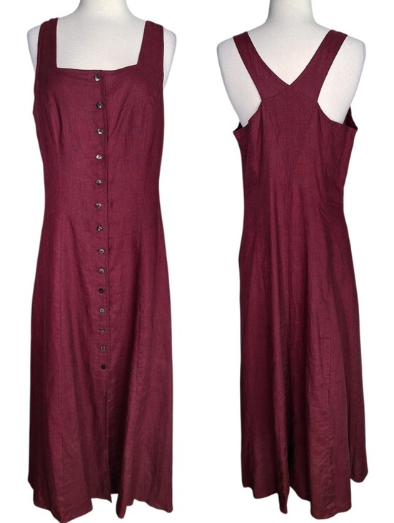 Vintage Dresses & Skirts - Vintage 90s Button Front 100% Linen Minimalist Maxi Dress M Whimsigoth Burgundy